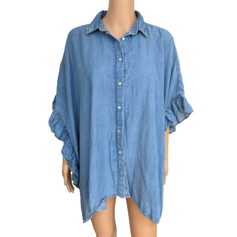 Zara Oversized Denim frilled shirt wide poncho-style silhouette size M